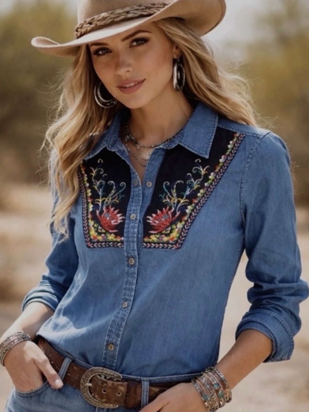 Holding Horses Anthropologie Embroidered Floral Tunic Top Denim Blue 0